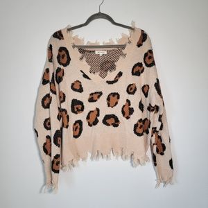 Miracle Tan Brown and Black Animal Print Shark Bite Hem Sweater